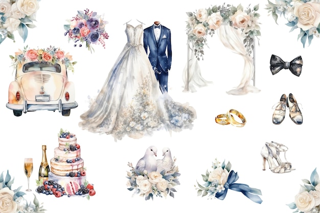 Aquarell-Hochzeitsset mit einem Hochzeitskleid und einer Hochzeitstorte.