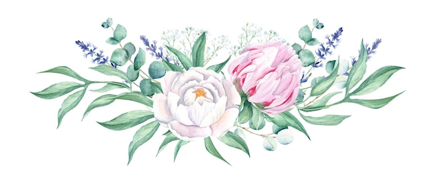 Aquarell horizontaler Blumenstrauß weiß und rosa Pfingstrosen Lavendel Gypsophila Eukalyptus handbemalt