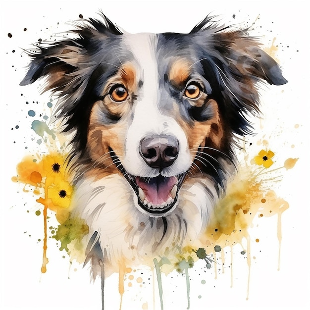 Foto aquarell-hundporträt in einem leeren weiß mit haustierkunst vor einem weißen hintergrund