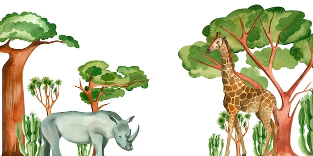 Foto aquarell-illustration auf weißem hintergrund giraffe und nashorn zwischen bäumen und kakteen