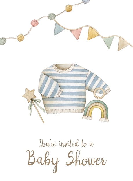 Aquarell-Illustration Baby-Shower-Karte Jungen-Sweater Sternfahnen Regenbogen Isoliert auf Weiß