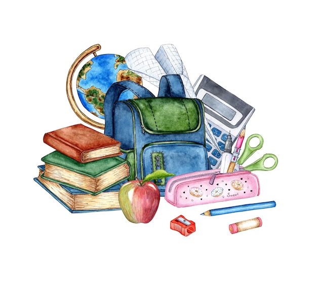 Aquarell-Illustration, blauer Rucksack und Schreibwarenbild für Schüler, Schulkinder, Lernausrüstung, Schulbedarf, zurück zur Schule, Bildungskonzept isoliert auf weißem Hintergrund gezeichnet
