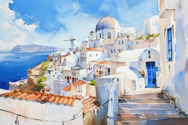 Aquarell-Illustration der griechischen Insel Santorini