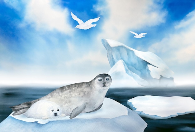 Aquarell-Illustration der Nordseelandschaft mit weißen Vögeln, Seemöwenrobbe mit Baby-Welpen, blauer Himmel, schwimmender Eisschollen-Eisberg