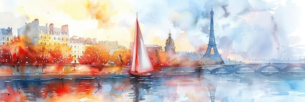 Aquarell-Illustration der Olympischen Sommerspiele in Paris ein Segelboot auf dem Hintergrund des Eiffelturms und ein Panorama der Sehenswürdigkeiten der Stadt die Seine