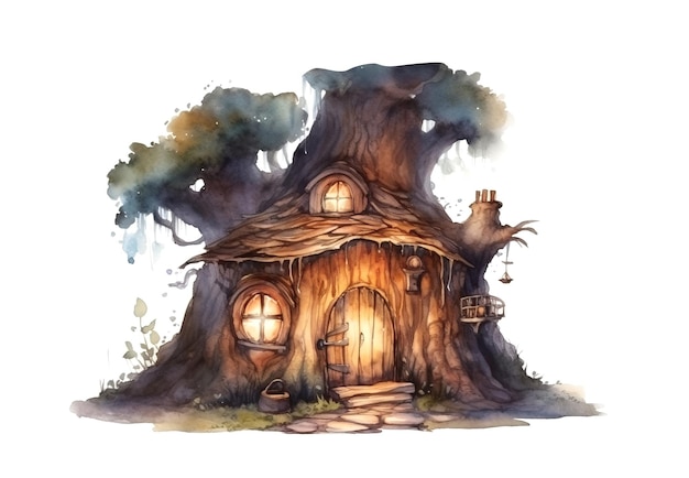 Aquarell-Illustration des mysteriösen Hauses für die Zwerge aus dem Märchen