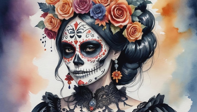 Aquarell-Illustration einer Frau im Day of the Dead Skull-Kostüm