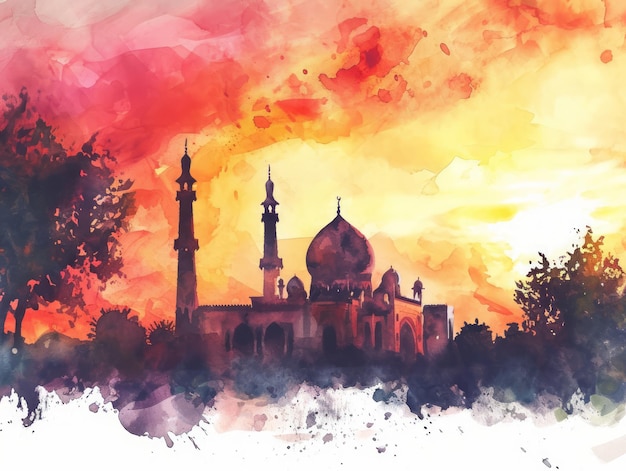 Aquarell-Illustration einer friedlichen Moschee bei Sonnenuntergang mit weißen Umrisskanten Generative KI