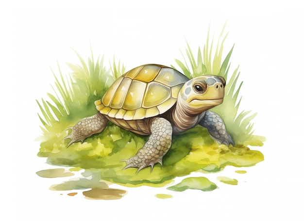 Aquarell-Illustration einer niedlichen Baby-Schildkröte im Gras, die von KI generiert wurde