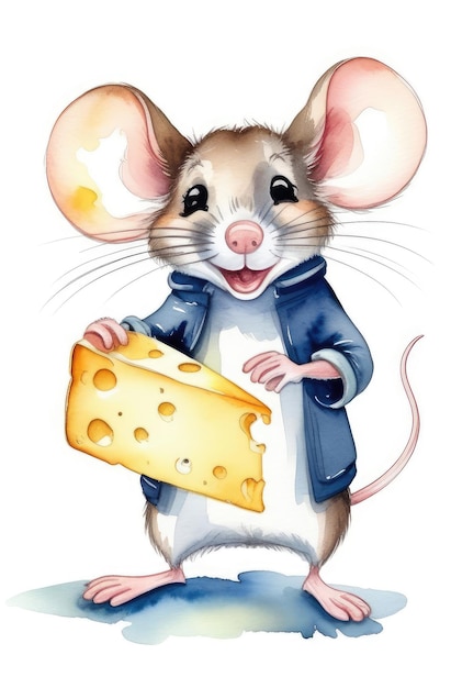 Aquarell-Illustration einer niedlichen Figur, einer lustigen Maus mit großen Ohren, die ein Stück Schweizer Käse hält