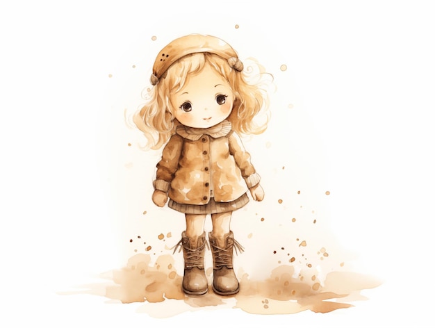 Aquarell-Illustration einer niedlichen Puppe in beige Farben auf Weiß