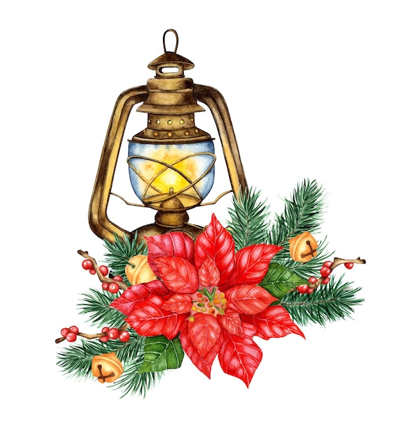 Aquarell-Illustration einer Retro-Lampen mit Tannenzweigen, roten Beeren auf den Zweigen, Weihnachtsstern und Boubouenza, isoliert auf weißem Hintergrund. Komposition für Souvenirs, Karten, Plakate, Banner.