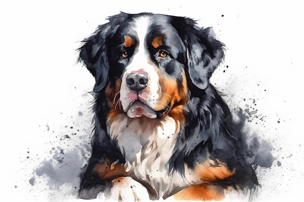 Aquarell-Illustration eines Berner Sennenhund-Porträts mit Tropfen und Spritzern von Aquarellfarbe auf weißem Hintergrund, generative KI