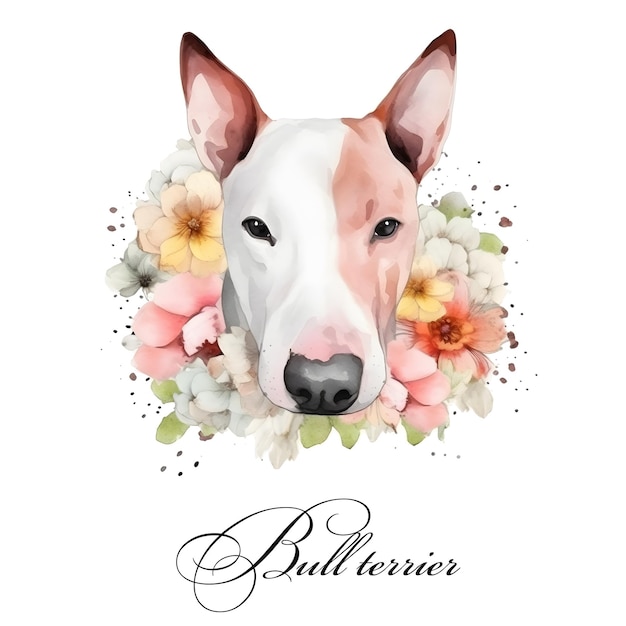 Aquarell-Illustration eines Bullterriers einer einzelnen Hunderasse mit Blumen