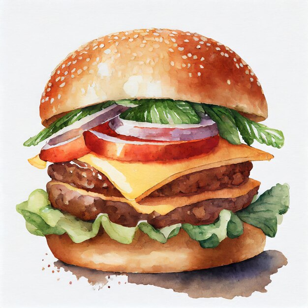 Aquarell-Illustration eines Burgers auf weißem Hintergrund Geschmackvolles Fastfood Köstliche Mahlzeit Handgezeichnete Kunst