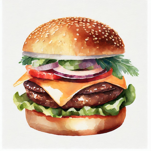 Aquarell-Illustration eines Burgers auf weißem Hintergrund Geschmackvolles Fastfood Köstliche Mahlzeit Handgezeichnete Kunst