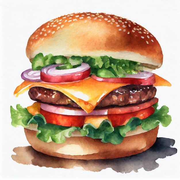 Aquarell-Illustration eines Burgers auf weißem Hintergrund Geschmackvolles Fastfood Köstliche Mahlzeit Handgezeichnete Kunst