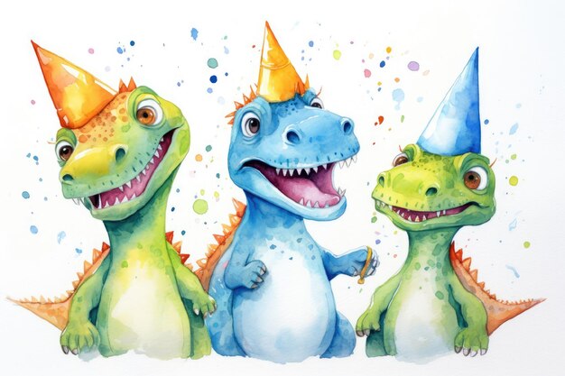 Foto aquarell-illustration eines dinosauriers geburtstagskartenposter für kinder weißer hintergrund