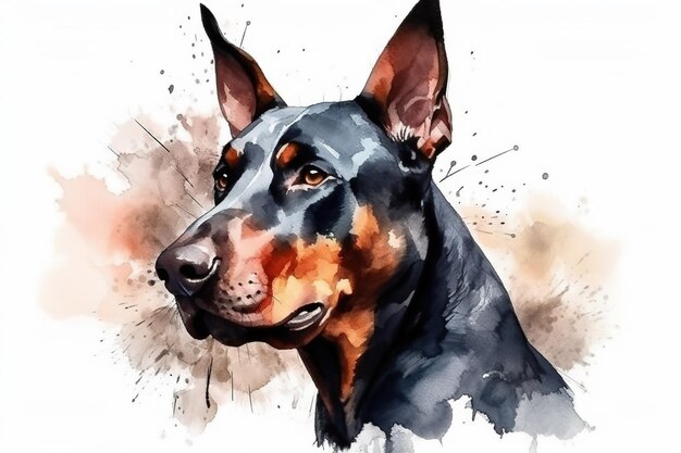 Aquarell-Illustration eines Dobermann-Porträts mit Tropfen und Spritzern von Aquarellfarbe auf weißem Hintergrund, generative KI