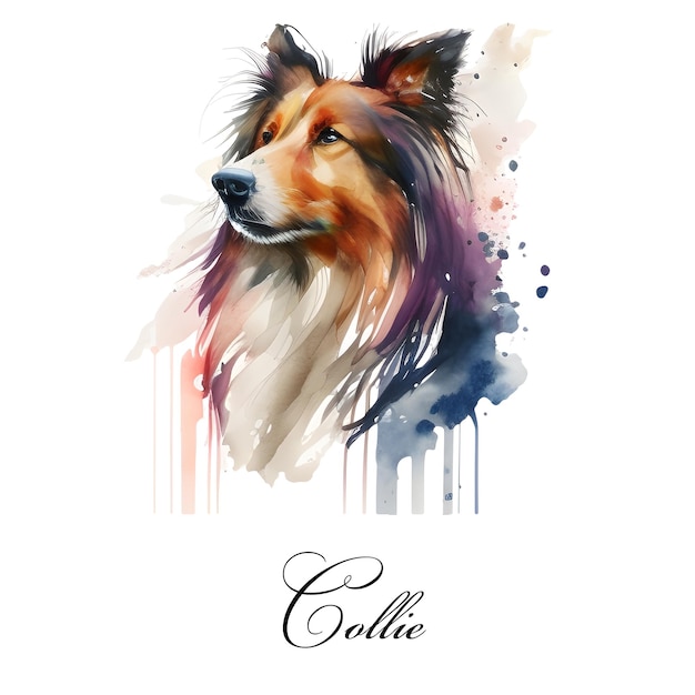 Aquarell-Illustration eines einzelnen Hundes der Rasse Collie Blindenhund. Aquarell-Tiersammlung eines Hundes