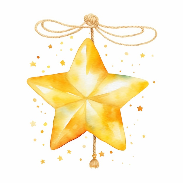 Aquarell-Illustration eines gelben Sterns, der an einem Seil hängt, isoliert auf weißem Hintergrund