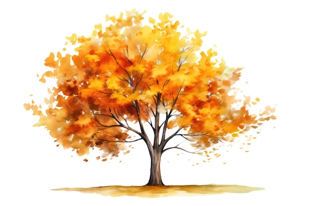 Aquarell-Illustration eines Herbstbaums mit gelbem Laub isoliert auf weißem Hintergrund Generative KI