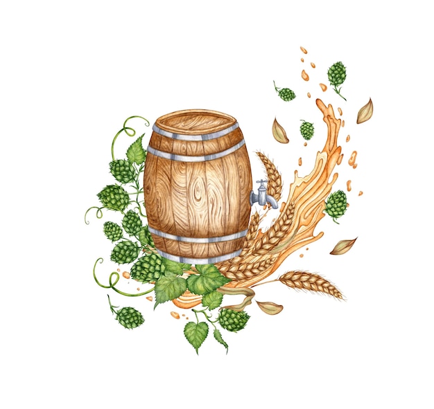 Aquarell-Illustration eines Holzfässers mit Bier, Hopfen, Weizenköern für Bier