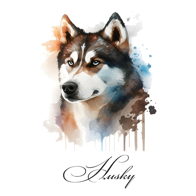 Aquarell-Illustration eines Husky-Blindhundes einer einzelnen Hunderasse. Aquarell-Tiersammlung eines Hundes