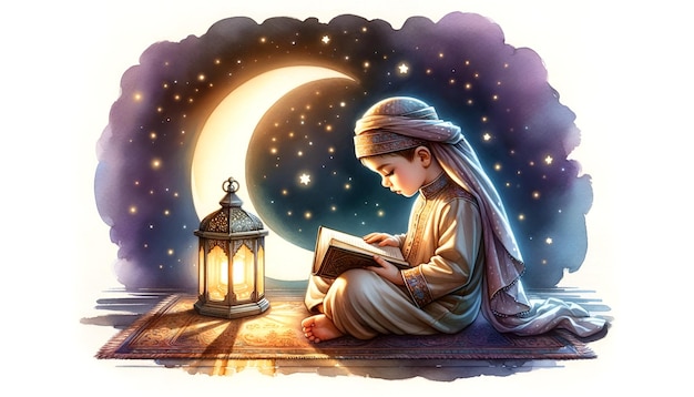 Aquarell-Illustration eines jungen muslimischen Kindes, das einen Koran für den Ramadan liest