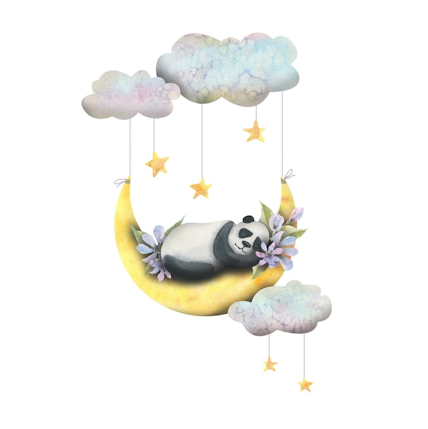 Aquarell-Illustration eines niedlichen Pandas, der auf dem Mond mit lila Blumen und Sternen in den Wolken schläft. Für die Gestaltung und Dekoration von Postern, Postkarten, Souvenirs, Drucken, Bannern, Kindern