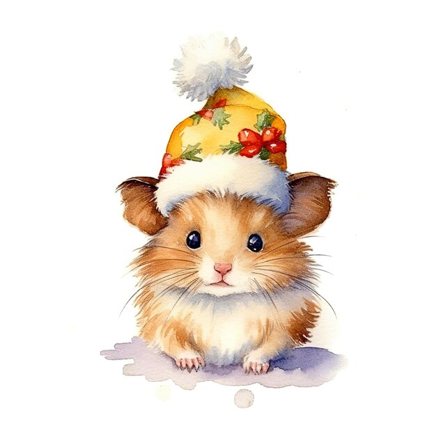 Aquarell-Illustration eines niedlichen roten flauschigen Hamsters in einem Weihnachtshut auf weißem Hintergrund