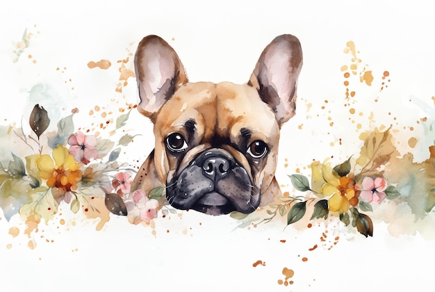 Aquarell-Illustration eines Porträts einer französischen Bulldogge, umgeben von Blumen und Spritzern von Aquarellfarbe auf weißem Hintergrund, generative KI