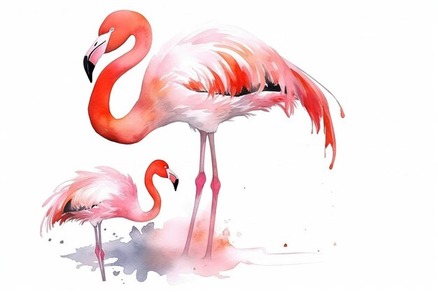 Aquarell-Illustration eines rosa Flamingos mit einem Vogelbaby auf weißem Hintergrund