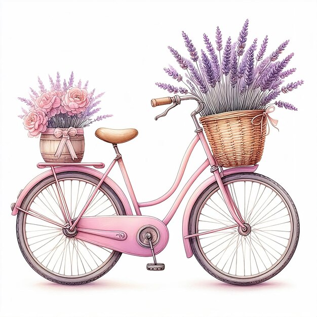 Foto aquarell-illustration eines rosafarbenen retro-fahrrads mit lavendel im korb