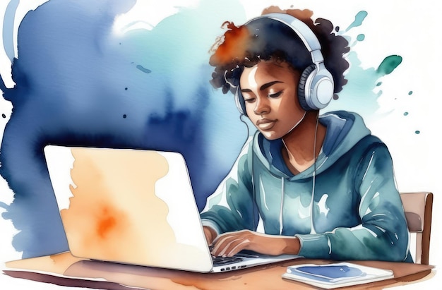 Aquarell-Illustration eines schwarzen Teenager-Schülerinnen, die Hausaufgaben auf einem Laptop macht Online-Bildung