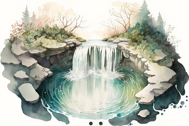 Aquarell Illustration eines Wasserfalls, der in ein klares Becken stürzt