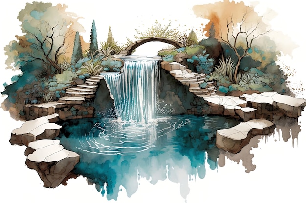 Aquarell Illustration eines Wasserfalls, der in ein klares Becken stürzt