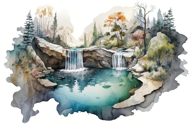 Aquarell Illustration eines Wasserfalls, der in ein klares Becken stürzt