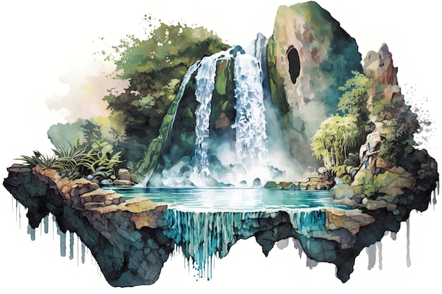 Aquarell Illustration eines Wasserfalls, der in ein klares Becken stürzt