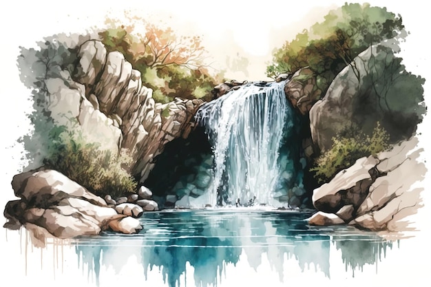 Aquarell Illustration eines Wasserfalls, der in ein klares Becken stürzt