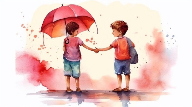 Aquarell-Illustration glücklicher Kinder, die im Regen spazieren gehen