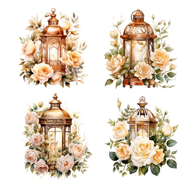 Aquarell-Illustration Hochzeitslantern mit Blumen in goldener Farbe