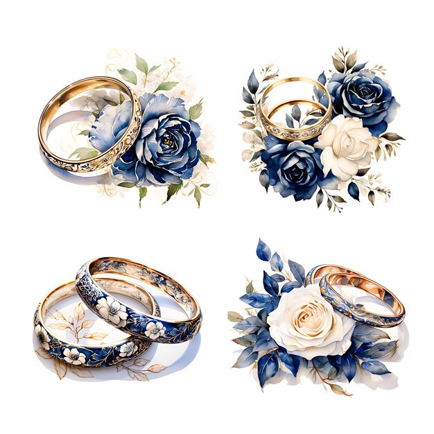 Aquarell-Illustration Hochzeitsringe mit Blumen marineblau