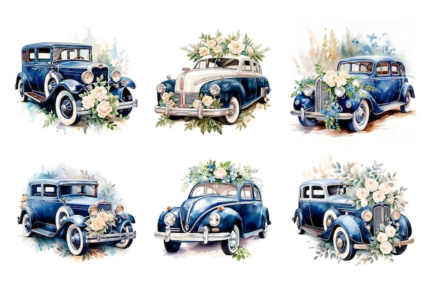 Aquarell-Illustration Hochzeitswagen mit Blumen marineblau