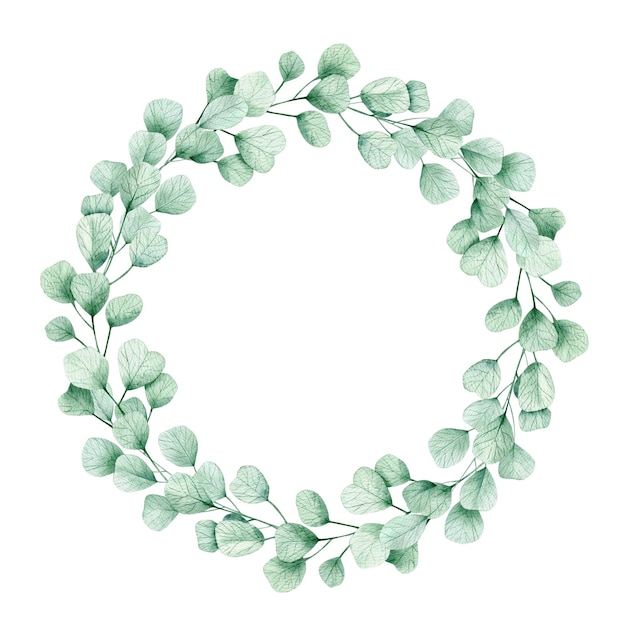Aquarell Illustration Karte grüne Blätter Eukalyptus Kranz isoliert auf weißem Hintergrund