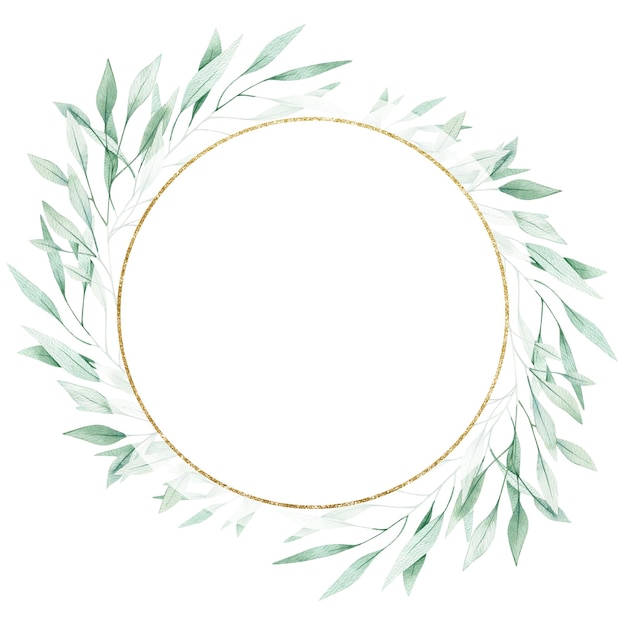 Aquarell Illustration Karte grüne Blätter Zweige und Kreis Goldrahmen isoliert auf weiß