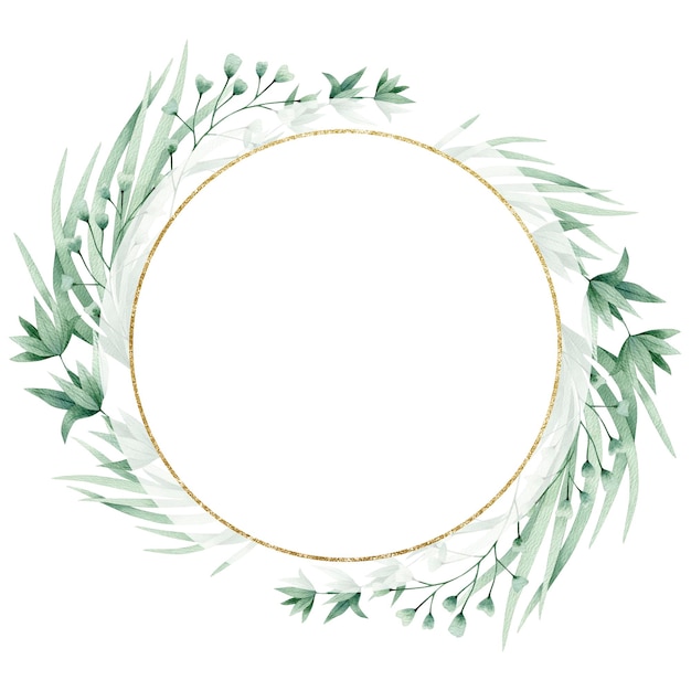 Aquarell Illustration Karte grüne Zweige Gras Kreis Goldrahmen isoliert auf weißem Hintergrund