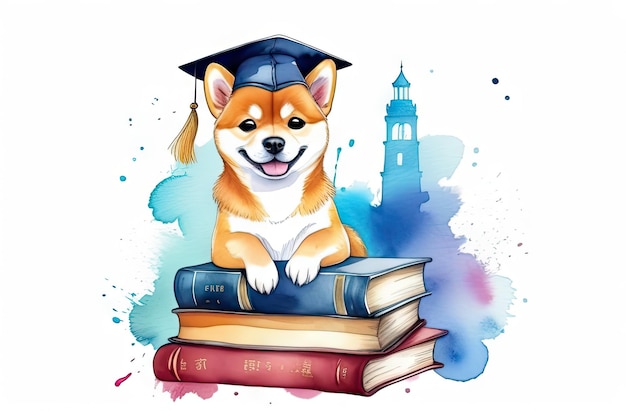 Foto aquarell-illustration liebenswerter shiba-hund-dons absolvierte mütze und sitzt mit büchern