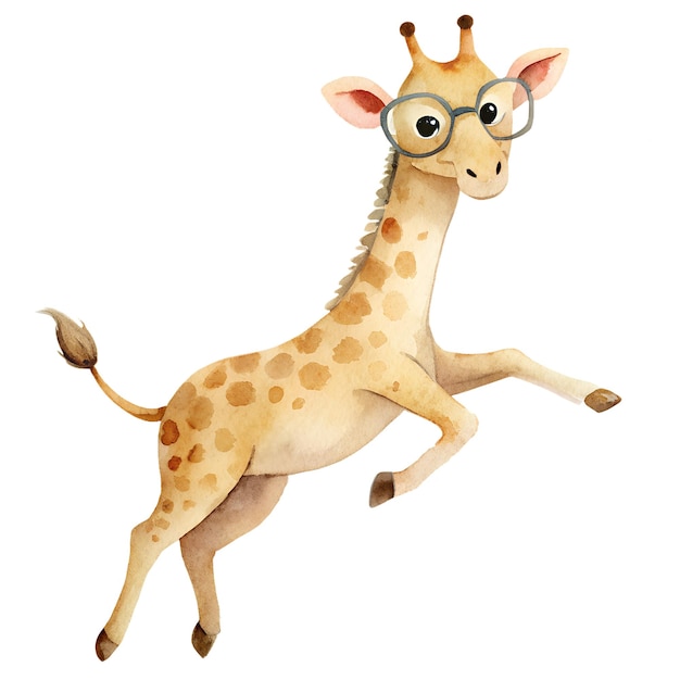 Aquarell-Illustration mit Cartoon-Lustige Giraffe in Brille Isoliert auf weißem Hintergrund