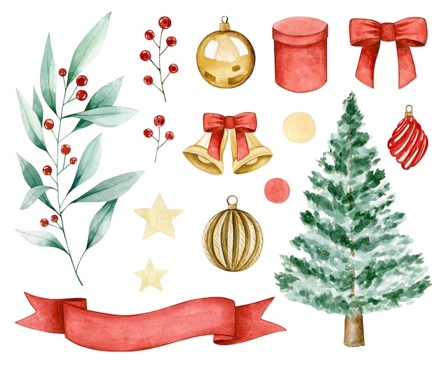 Aquarell-Illustration mit Weihnachtsbaum, Dekoration, Beeren, Bällen, Schleife, Glocken. Isoliert.